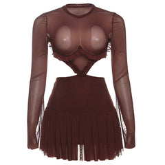Crewneck long sleeve mesh ruched mini dress  | Festival Outfits Women