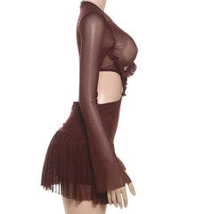 Crewneck long sleeve mesh ruched mini dress  | Festival Outfits Women