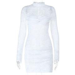 Long sleeve lace see through ruched mini dress  | Festival Outfits Women