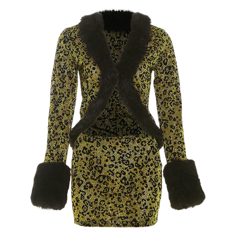 Leopard print fluffy long sleeve mini skirt set  | Festival Outfits Women  | Leopard Print Mini Dress