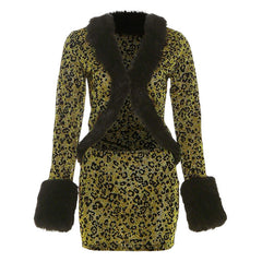 Leopard print fluffy long sleeve mini skirt set  | Festival Outfits Women  | Leopard Print Mini Dress