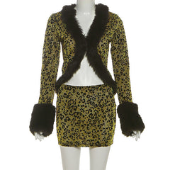 Leopard print fluffy long sleeve mini skirt set  | Festival Outfits Women  | Leopard Print Mini Dress