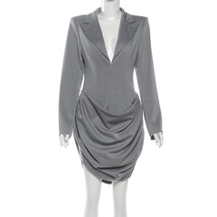 Turnover collar v neck long sleeve ruched mini dress  | Festival Outfits Women
