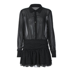 Turnover collar long sleeve button chiffon polka dot mini dress  | Festival Outfits Women
