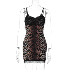 Leopard print v neck lace hem cami mini dress  | Festival Outfits Women  | Leopard Print Mini Dress