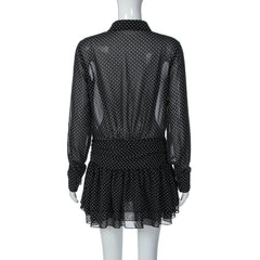 Turnover collar long sleeve button chiffon polka dot mini dress  | Festival Outfits Women