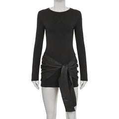 Crewneck long sleeve PU leather solid mini dress  | Festival Outfits Women