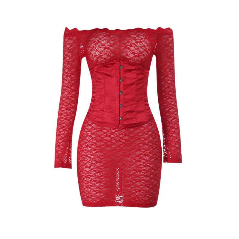 Off shoulder long sleeve lace corset lace up 2 piece mini dress  | Festival Outfits Women