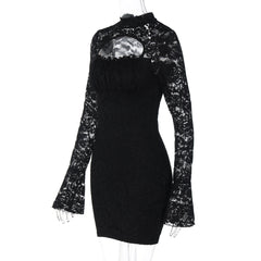 Long sleeve lace hollow out button cut out mini dress  | Festival Outfits Women