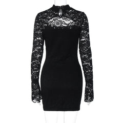 Long sleeve lace hollow out button cut out mini dress  | Festival Outfits Women