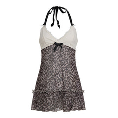 Halter v neck bowknot leopard print mesh mini dress  | Festival Outfits Women  | Leopard Print Mini Dress
