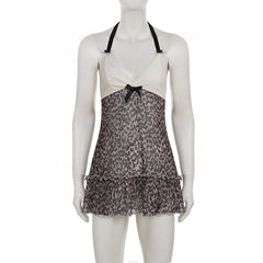 Halter v neck bowknot leopard print mesh mini dress  | Festival Outfits Women  | Leopard Print Mini Dress