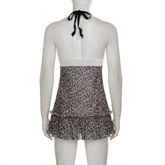 Halter v neck bowknot leopard print mesh mini dress  | Festival Outfits Women  | Leopard Print Mini Dress