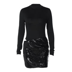 Long sleeve crewneck glitter hollow out cut out mini dress  | Festival Outfits Women