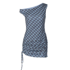 Plaid ruched drawstring irregular mini dress  | Festival Outfits Women