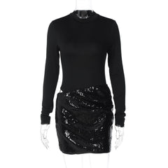 Long sleeve crewneck glitter hollow out cut out mini dress  | Festival Outfits Women