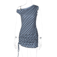 Plaid ruched drawstring irregular mini dress  | Festival Outfits Women