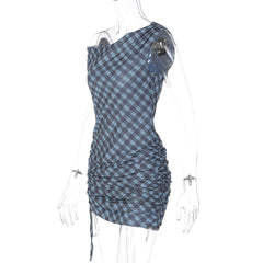 Plaid ruched drawstring irregular mini dress  | Festival Outfits Women