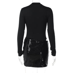 Long sleeve crewneck glitter hollow out cut out mini dress  | Festival Outfits Women