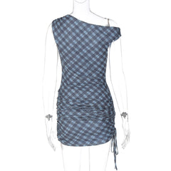 Plaid ruched drawstring irregular mini dress  | Festival Outfits Women