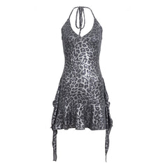 Halter v neck leopard print ruffle mini dress  | Festival Outfits Women  | Leopard Print Mini Dress