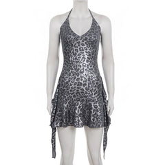 Halter v neck leopard print ruffle mini dress  | Festival Outfits Women  | Leopard Print Mini Dress