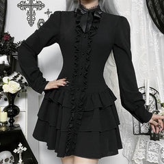 Bowknot long sleeve ruffle solid mini dress  | Festival Outfits Women
