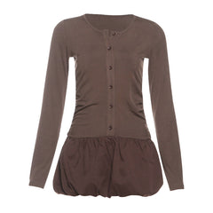 Long sleeve button round neck ruched mini dress  | Festival Outfits Women