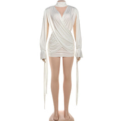 Hollow out v neck ruched long sleeve cut out mini dress  | Festival Outfits Women