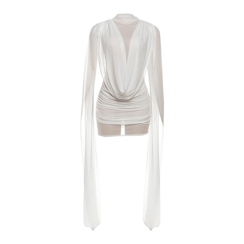 Mesh ruched crewneck solid mini dress  | Festival Outfits Women