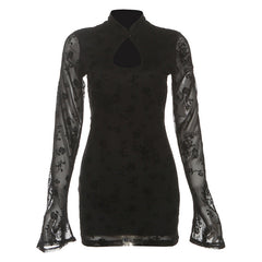 Long flared sleeve hollow out flower print cut out mini dress  | Festival Outfits Women