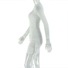 Long sleeve mesh hollow out ruched cut out mini dress  | Festival Outfits Women