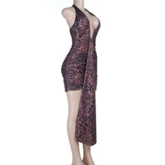 Leopard print v neck ruched halter self tie mini dress  | Festival Outfits Women  | Leopard Print Mini Dress