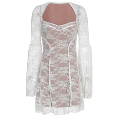 Long sleeve v neck lace patchwork mini dress  | Festival Outfits Women