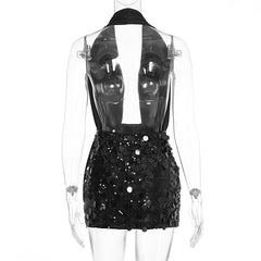Halter glitter backless square neck mini dress  | Festival Outfits Women