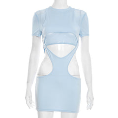 Hollow out crewneck short sleeve mesh cut out mini dress  | Festival Outfits Women
