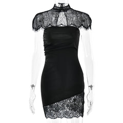 High neck lace ruched irregular 2 piece mini dress  | Festival Outfits Women