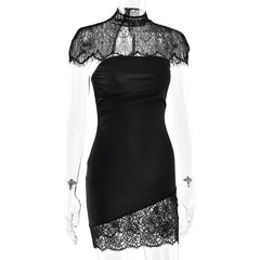 High neck lace ruched irregular 2 piece mini dress  | Festival Outfits Women