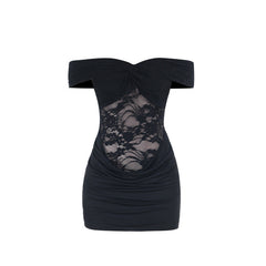 Off shoulder lace ruched solid mini dress  | Festival Outfits Women