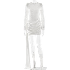 Crewneck long sleeve irregular ruched lace mini dress  | Festival Outfits Women