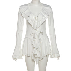 Long flared sleeve ruffle v neck self tie mini dress  | Festival Outfits Women