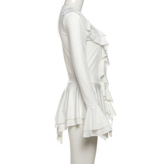 Long flared sleeve ruffle v neck self tie mini dress  | Festival Outfits Women