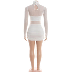 High neck button long sleeve mesh ruched mini dress  | Festival Outfits Women