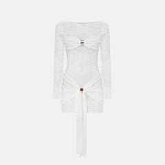 Long sleeve lace crewneck ruched mini dress  | Festival Outfits Women