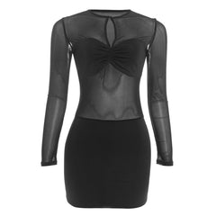 Long sleeve crewneck hollow out ruched mesh mini dress  | Festival Outfits Women