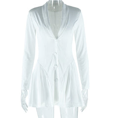 Long sleeve v neck pleated button padded mini dress  | Festival Outfits Women