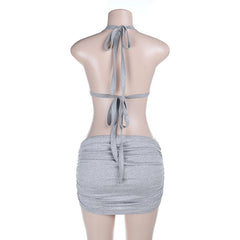 Halter self tie glitter ruched v neck hollow out mini dress  | Festival Outfits Women