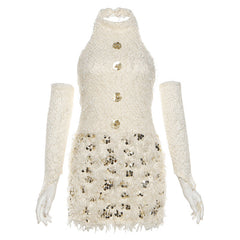 Halter glitter gloves raw hem backless mini dress  | Festival Outfits Women
