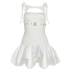 Hollow out self tie ruched buckle mini dress  | Festival Outfits Women