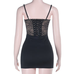 Lace up v neck lace backless cami mini dress  | Festival Outfits Women